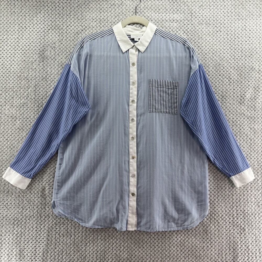 J Jill Top Womens S Blue Striped Colorblock Button Front Shirt Long Sleeve